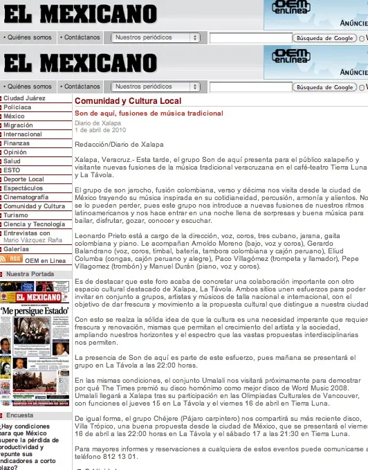 Son de Aqui press clipping Press El Mexicano 1 4 10