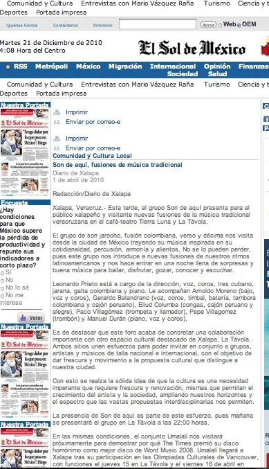 Son de Aqui press clipping Press El Sol De Mexico Xalapa